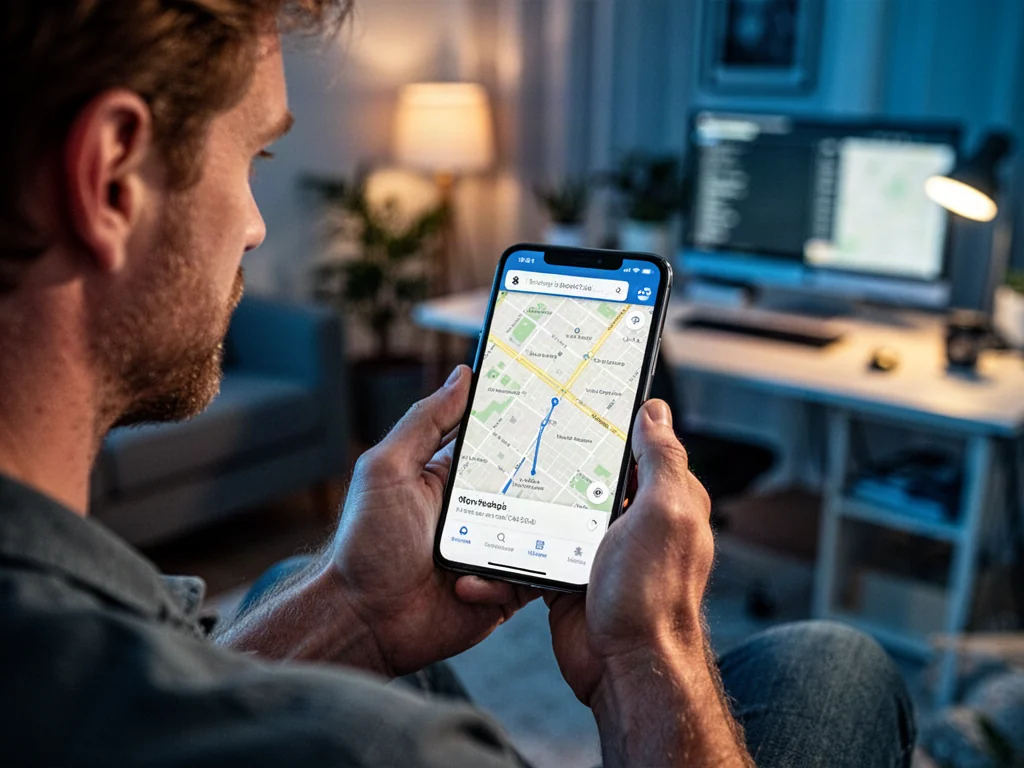Mężczyzna trzymający smartfon z wyświetloną mapą, ilustrujący proces lokalizowania urządzenia.