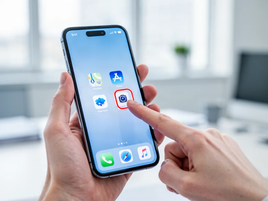 Dłoń przytrzymująca ikonę aplikacji na ekranie iPhone'a, aby rozpocząć proces jej usuwania.