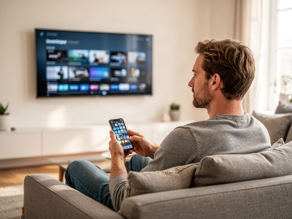 Mężczyzna siedzący na kanapie z iPhone'em, który przesyła obraz na duży ekran telewizora w nowoczesnym salonie.