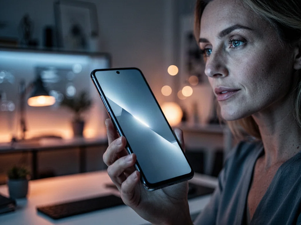 Kobieta trzymająca w dłoni nowoczesny smartfon iPhone 12 w minimalistycznym biurze domowym.