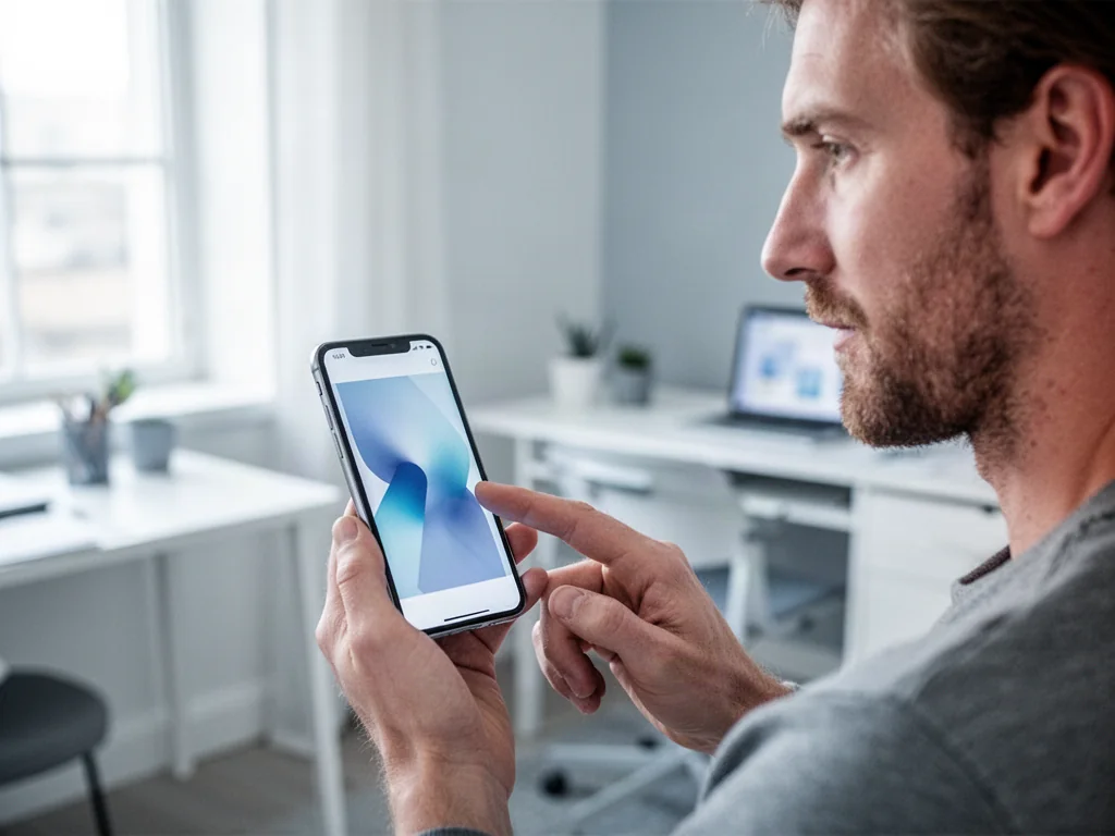 Mężczyzna obsługujący nowoczesny smartfon w minimalistycznym biurze, ilustrujący proces zmiany ustawień telefonu.