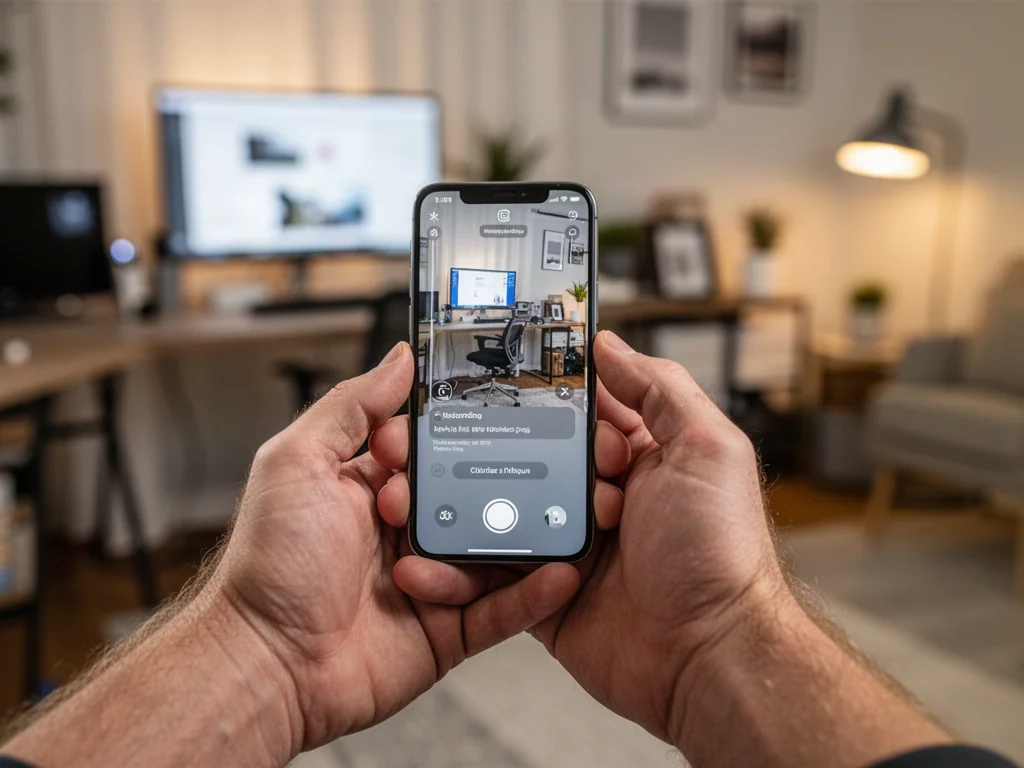 Dłonie trzymające iPhone'a z widocznym interfejsem nagrywania ekranu w przytulnym domowym biurze.