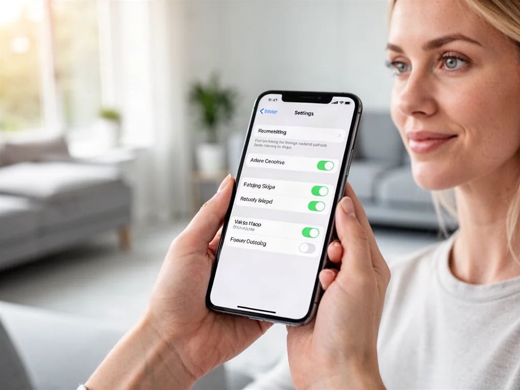Dłonie trzymające iPhone’a z otwartym menu ustawień lokalizacji na ekranie, w jasnym, minimalistycznym wnętrzu.