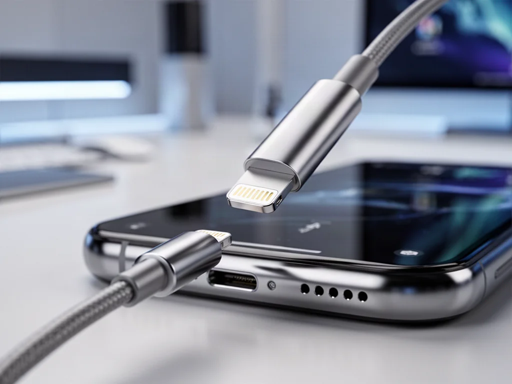 Zbliżenie na port ładowania Lightning w smartfonie oraz końcówkę kabla, ilustrujące standard złącza w iPhone 14.