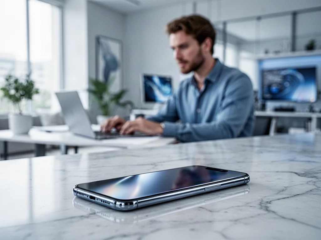 Nowoczesny smartfon na marmurowym biurku w tle domowego biura, podkreślający profesjonalny charakter urządzenia.