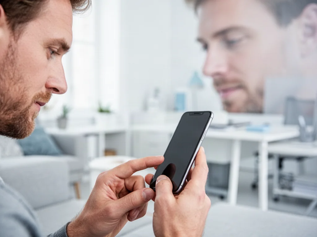 Mężczyzna trzymający w dłoniach nowoczesny smartfon, skupiony na ekranie urządzenia w minimalistycznym biurze.